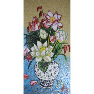 Asian Vase with Flowers Hand Cut Glass Mosaic Floral Flower Mural, 4' x 8'