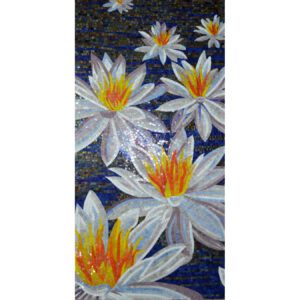 Blue Water Lillies Hand Cut Glass Mosaic Floral Flower Mural, 4' x 8'